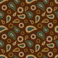 Seamless floral pattern with blue, beige and brown plants, flowers and leaves on brown background. Ethnic oriental print with cucu