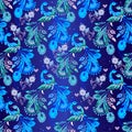 Seamless floral pattern with blue fantastic birds. Decorative or Royalty Free Stock Photo