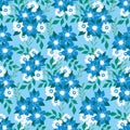 Seamless floral pattern, blue liberty ditsy print with vintage motif: small flowers bouquets, leaves. Vector.