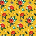 Seamless floral pattern, botanical design with retro motif: flowers bouquets on yellow. Vector. Royalty Free Stock Photo