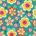 Seamless floral pattern, botanical print with geometric flowers in retro hippie style. Vector. Royalty Free Stock Photo