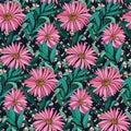 Seamless floral pattern, botanical print with large flowers, leaves in a retro motif. Vector. Royalty Free Stock Photo