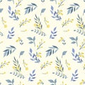 Seamless floral pattern, botanical print, ornament with folk motif of wild herbs, flowers, leaves. Vector. Royalty Free Stock Photo