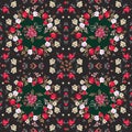 Seamless floral pattern with bouquets and garlands of garden flowers on black background. Roses, daisies, bell flowers, leaves