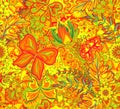 Seamless floral pattern on bright background with colorful fantasy hand draw flowers. Vector illustration. Royalty Free Stock Photo