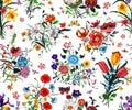 Seamless Floral Pattern With Bright Colorful Flowers With Leaves On A White Background. The Elegant Template For Fashion Prints. M
