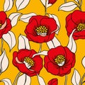 Seamless floral pattern, retro style flower print with large graphics of red flowers on yellow. Vector design. Royalty Free Stock Photo