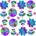 Seamless floral pattern with bright flowers in blue, green, pink