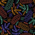 Seamless floral pattern of bright neon branches and leaves on a black background. Hand-drawn vector plant elements in one Royalty Free Stock Photo