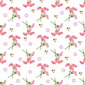 Seamless floral pattern, bright tropical pink with red flowers, colored small elements, dots and squares. White background