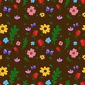 Seamless floral pattern on brown background. Flat flower hand drawn style for decorating website wrapping paper or fabric textile