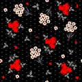 Seamless floral pattern with bunch of daisy flowers and bouquets of red roses on black polka dot background. Vector summer design Royalty Free Stock Photo