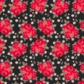 Seamless floral pattern with bunches of red roses and little white flowers isolated on black background. Russian motif Royalty Free Stock Photo