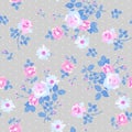 Seamless floral pattern with bunchs of gentle white and pink roses and daisy flowers on grey polka dot background.