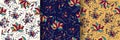Seamless Floral Pattern with Cartoon Style in Three Background Variations