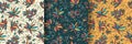 Seamless Floral Pattern with Cartoon Style in Three Background Variations