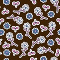 A seamless floral pattern in a cartoonish colorful style.