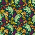 Chameleons and tropical leaves vector pattern