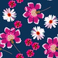 Seamless floral pattern with chamomile  and fantasy flowers on dark blue background. Fashionable print for fabric in retro style Royalty Free Stock Photo