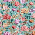 Seamless floral pattern with colorful Peony and Campanula on the blue background.