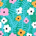 Seamless floral pattern with creative flowers and botanical elements. Modern jungle botanical texture. Vector illustration