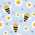 Seamless floral pattern with cute bee. Childish texture with smiling bees, daisies and hearts.