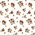 Seamless floral pattern, cute botanical design of tiny brown flowers, leaves, small bouquets in abstract composition. Vector Royalty Free Stock Photo