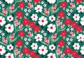 Seamless floral pattern, cute ditsy print with decorative meadow, small flowers on green. Vector.