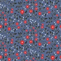 Seamless floral pattern, liberty ditsy print with vintage winter motif, small flowers, thin branches on blue. Vector. Royalty Free Stock Photo