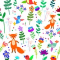 Seamless floral pattern with cute fox, flowers and birds Royalty Free Stock Photo