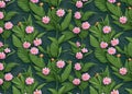 seamless floral pattern, cute pink floral pattern with green leaves and dark green background Royalty Free Stock Photo