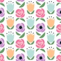 Seamless floral pattern. Cute spring flowers background - tulips, roses, buttercups, poppies.