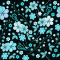 Seamless floral pattern on a dark background with stylized, monochromatic striped flowers and leaves. Pattern for wrapping Royalty Free Stock Photo