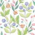 Seamless floral pattern with decorative art plants: flowers, leaves, branches on white. Vector. Royalty Free Stock Photo