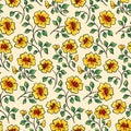 Seamless floral pattern, decorative botanical design with vintage motif yellow flowers branches on white. Vector. Royalty Free Stock Photo