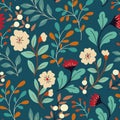 Seamless floral pattern with decorative winter botany: wild flowers, leaves, branches on blue. Vector. Royalty Free Stock Photo