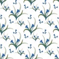Seamless floral pattern. Delicate spring blue leaf sprig with blooming flowers. Amazing ethnic plant swirls for textile.