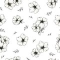 Seamless floral pattern design on white, black line drawing flowers, leaves and bouquet, graphic floral sketch illustration