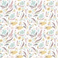 Floral pattern in doodle style. Plants and flowers vector in Pretty Pastels colors