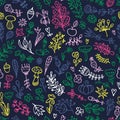 Seamless floral pattern with doodles flowers, branches, leaves, herbs, and plants