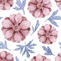 Seamless floral pattern drawn by hand. Pink tender anemones with blue leaves on a white background. Vintage print for textiles. Royalty Free Stock Photo