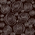 Seamless Vector Floral Pattern With Drawn Stylized Sprals Roses. Monochrome Dark Background. Print For Textile, Cloth, Wallpaper,