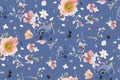 Seamless floral pattern. Dusty blue, light pink anemone flowers, white hydrangea petals, berries, golden glitter. Watercolor