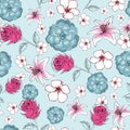 Seamless floral pattern of exotic lily flowers, roses and succulents