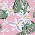 Seamless floral pattern of exotic tropical lilies and monster lives. Isolated on light pink background.