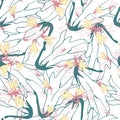 Seamless floral pattern for fabric. Green contour tropical flowers on a white background for dress, home textiles and bed linen