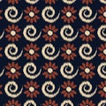 Seamless Floral pattern for fabric, wallpaper, clothing, panels in Ikkat embroidery style. Ethnic drawing design. Aztec