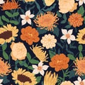 Seamless floral pattern with fall flowers. Endless design with gorgeous sunflowers, peony roses, clematises and