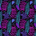 Seamless floral pattern with a fantasy design with exotic flowers and tropic leaves on a black background. The elegant the Royalty Free Stock Photo