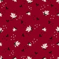 Seamless Floral Pattern. Fashion textile pattern with decorative flowers and leaves on red background. Vector Royalty Free Stock Photo